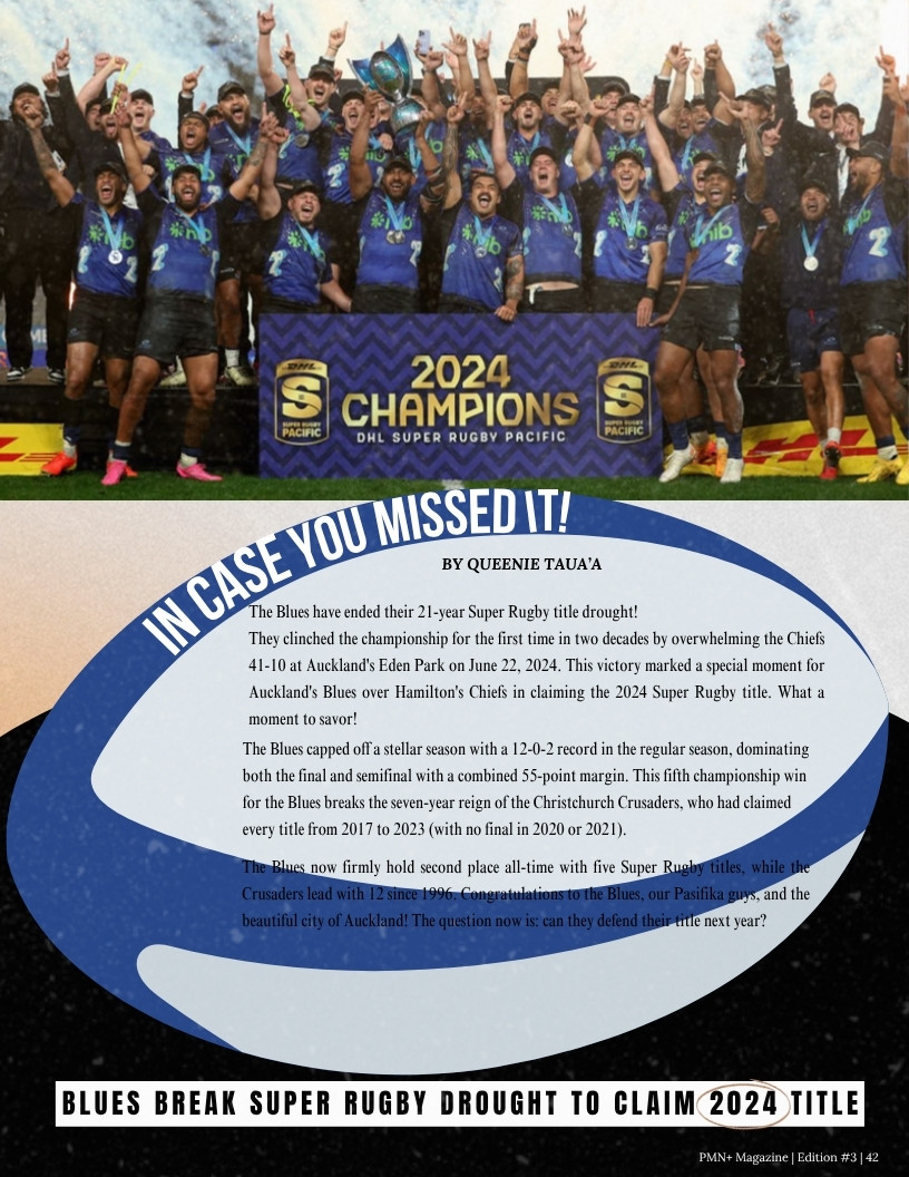 The Blues celebrate winning the 2024 Super Rugby Pacific title at Eden Park